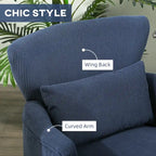 Blue corduroy accent armchair close-up showing wing back and curved arm padding
