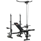 Adjustable weight bench with pulley tower, incline bench pad, and barbell supports