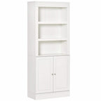 White freestanding pantry cabinet with open 3-tier shelving above double doors