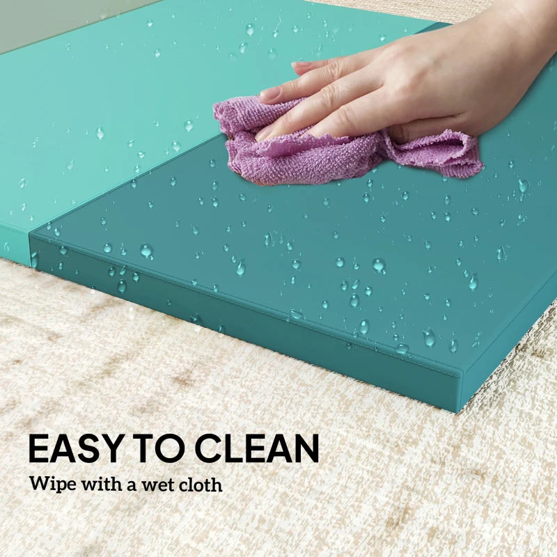 Mixed green workout mat surface with water droplets and easy-clean wipe texture
