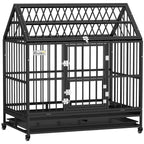 Black heavy-duty dog crate with open front, top panel, and removable tray, on wheels