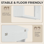 White folding dining table underside features anti-slip foot pads and metal hinges
