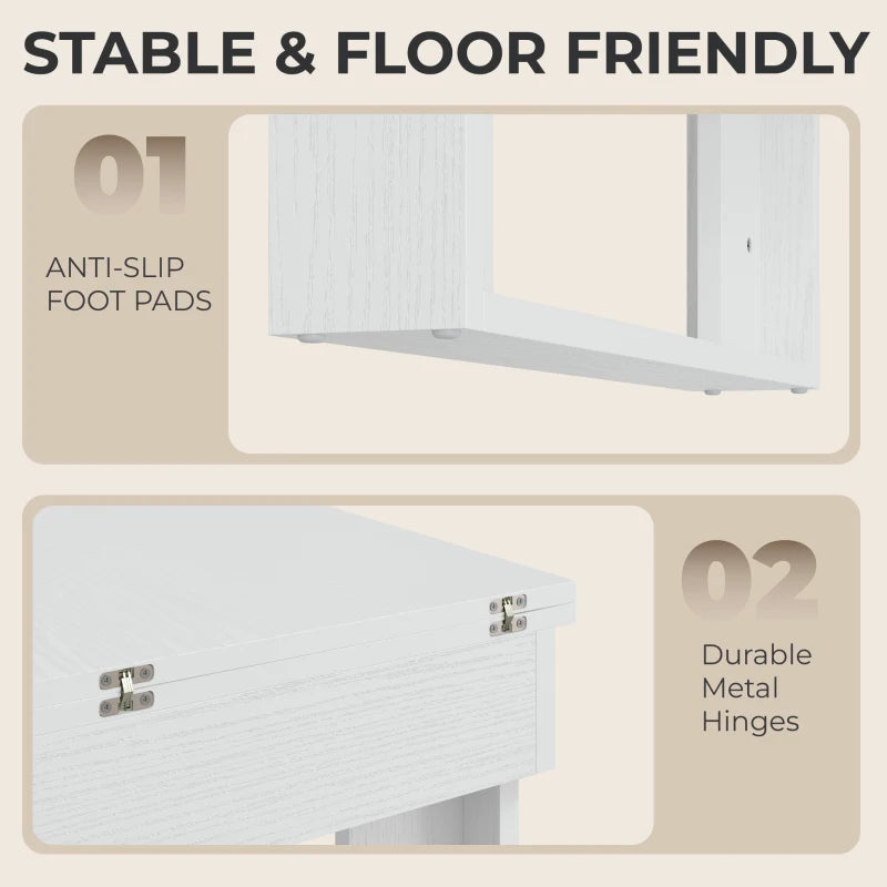 White folding dining table underside features anti-slip foot pads and metal hinges