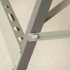 Gray folding work bench frame joint with metal bracket and bolts for support