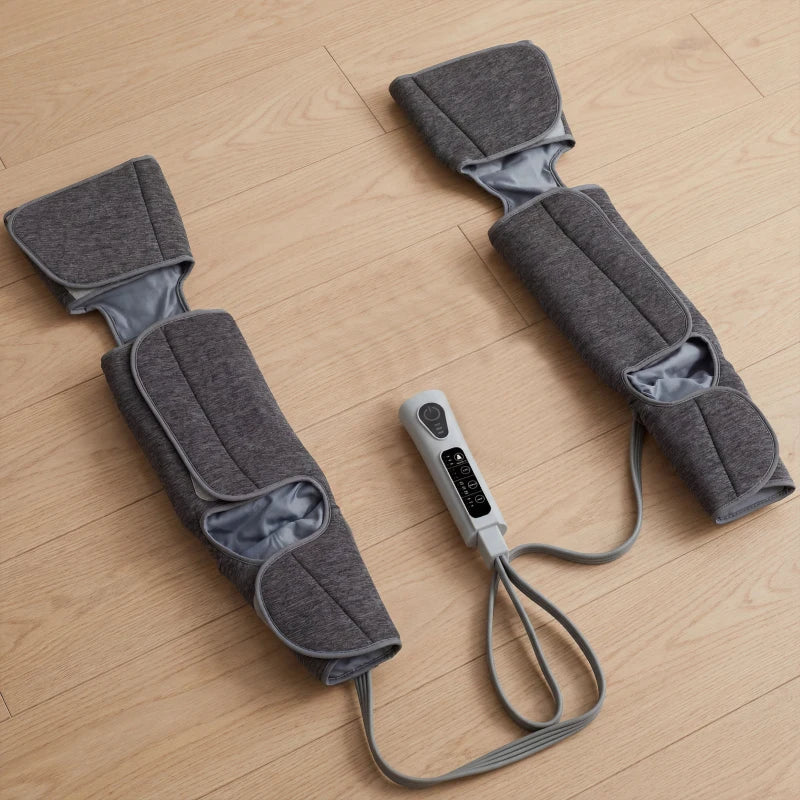 Grey leg compression massager set with controller and fabric calf-and-foot sleeves