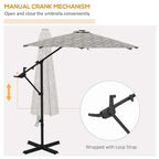 Cantilever parasol with manual crank handle, loop strap, and grey geometric canopy