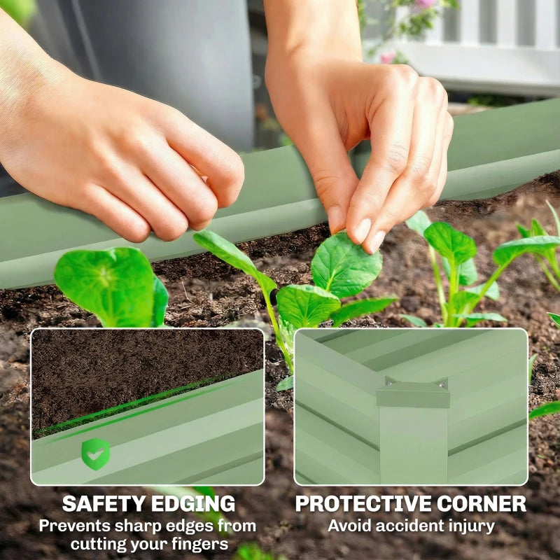 Light green steel raised planter box corner with safety edging, hands adjusting