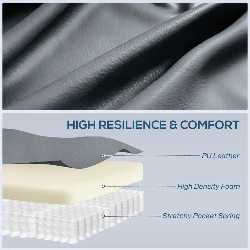 Grey PU leather upholstery texture on massage recliner, smooth padded cushioning