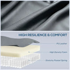 Grey PU leather upholstery texture on massage recliner, smooth padded cushioning