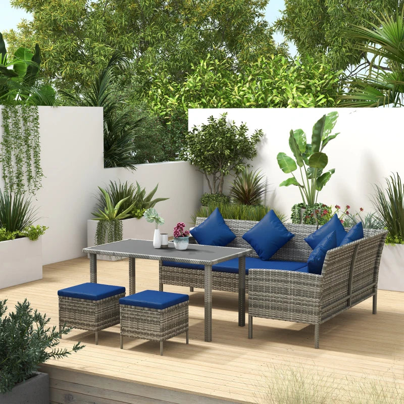 5 Pieces Rattan Garden Furniture Set with Dining Table, Cushions - Dark Blue