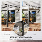 Grey retractable canopy pergola showing hook and drawstring for controlling shade