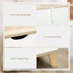 Detail view of white cut-out handle drawers on light brown wood frame with wooden leg