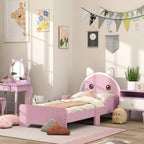 Pink cat-design toddler bed frame with guardrails and low platform-style sides.