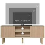 Wood-effect TV stand cabinet with sliding doors and central open storage