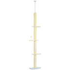 Cream cat tree with vertical posts and three perches, floor-to-ceiling style base.