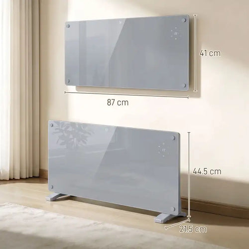 Grey electric panel heater shown freestanding with feet and front control panel