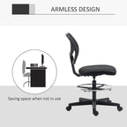 Black armless standing desk chair with curved mesh back, padded seat, and chrome footrest base