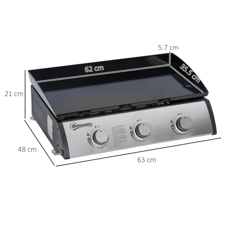 Portable tabletop gas griddle grill angled view with black cooking surface and knobs
