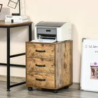 Rustic brown mobile file cabinet with three drawers, black handles, and caster wheels
