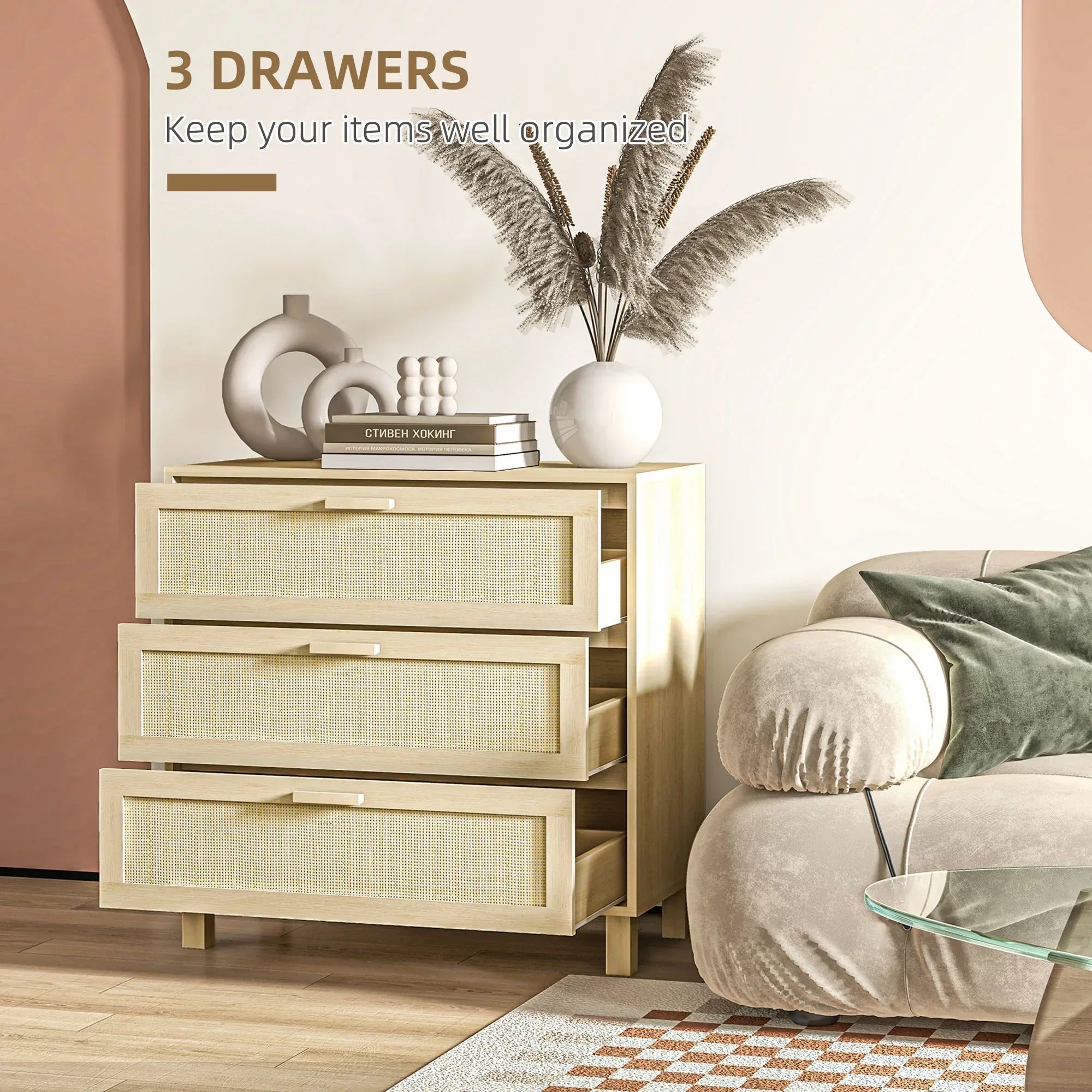 Rattan Bedroom Chest of Drawers, 3 Drawers Storage Unit, Boho Dresser for Living Room, Hallway, Natural - Bobobiy