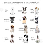 Natural wood pet gate with black wire mesh, size diagram for small and medium dogs.
