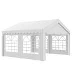 White party tent canopy with scalloped roof edge and arched window panels