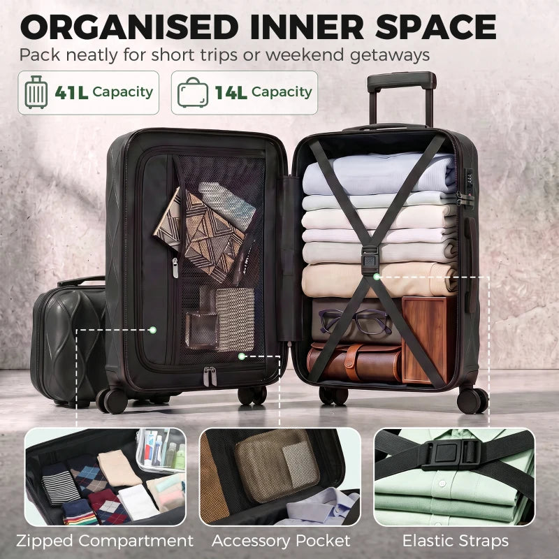 Black hard-shell luggage set open interior with organizer pockets and elastic straps.