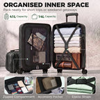 Black hard-shell luggage set open interior with organizer pockets and elastic straps.