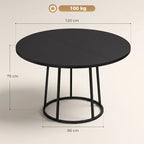 Round black dining table, 120 cm top, conical metal pedestal base
