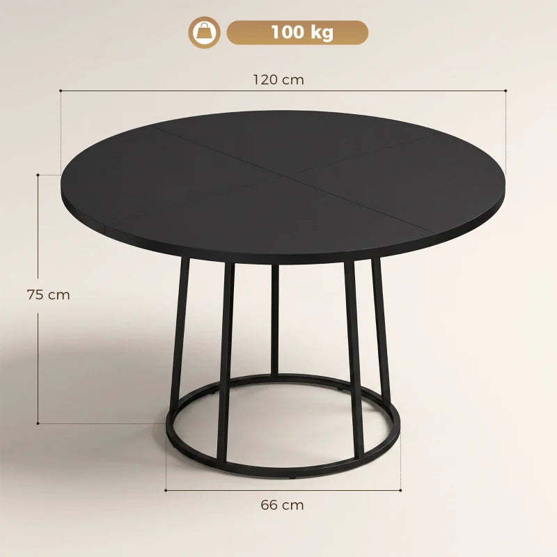 Round black dining table, 120 cm top, conical metal pedestal base