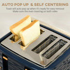 Blue four-slice toaster showing toast auto pop-up and self centering guides