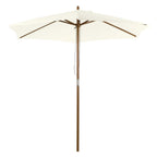 White patio umbrella with wood pole and open cross-rib canopy