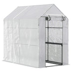 White walk-in greenhouse with open roll-up zip door and two-tier plant shelves