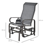Grey upholstered gliding rocking chair with brown metal frame and curved arms