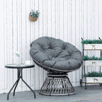 Grey cushion Papasan chair with woven rattan basket base, round lounging seat