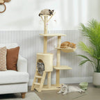 Beige cat tree with hammock and platforms, ladder and condo, used by cats