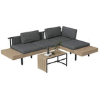 Grey L-shaped outdoor sofa set with padded seats and back cushions