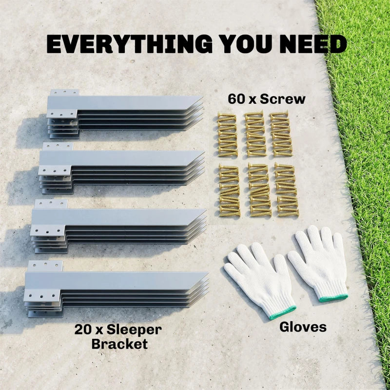 Sleeper bracket set with screws and gloves, silver steel stakes and fasteners