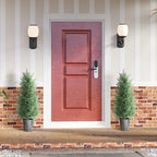 Two artificial cypress trees with green foliage in gray textured pots, entryway pair