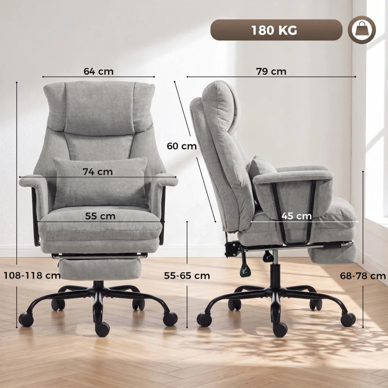 Grey office chair with armrests, tall backrest, and black rolling base
