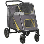 Grey pet travel stroller with clear mesh rain cover, yellow trim, four-wheel frame