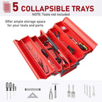 Red metal tool box with five collapsible trays opened for parts storage