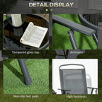 Garden set detail view: tempered glass tabletop, armrests, non-slip feet, high backrests
