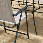 Grey folding patio dining chair with dark frame and angled support legs