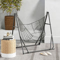 Gray hammock net chair stand with black metal frame and front base rails