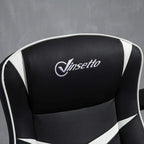 Black padded chair backrest with Vinssetto logo and white trim, ergonomic gaming style