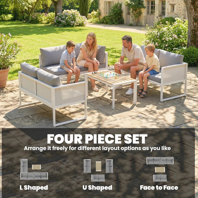 Grey corner sofa set with white armrests and faux-wood coffee table outdoors