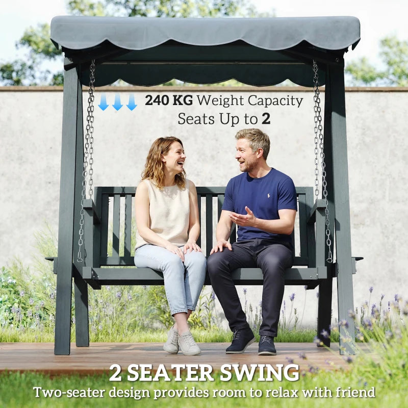 Grey 2-seater swing bench with canopy and chain suspension, slatted seat