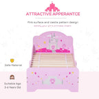 Pink kids princess castle bed frame with castle-pattern headboard and slatted mattress support