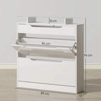 White shoe storage cabinet with open flip doors, visible shelves, and slide-out drawer area